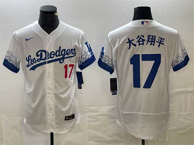 Men%27s Los Angeles Dodgers #17 Shohei Ohtani White City Connect Flex Base Stitched Baseball Jersey
